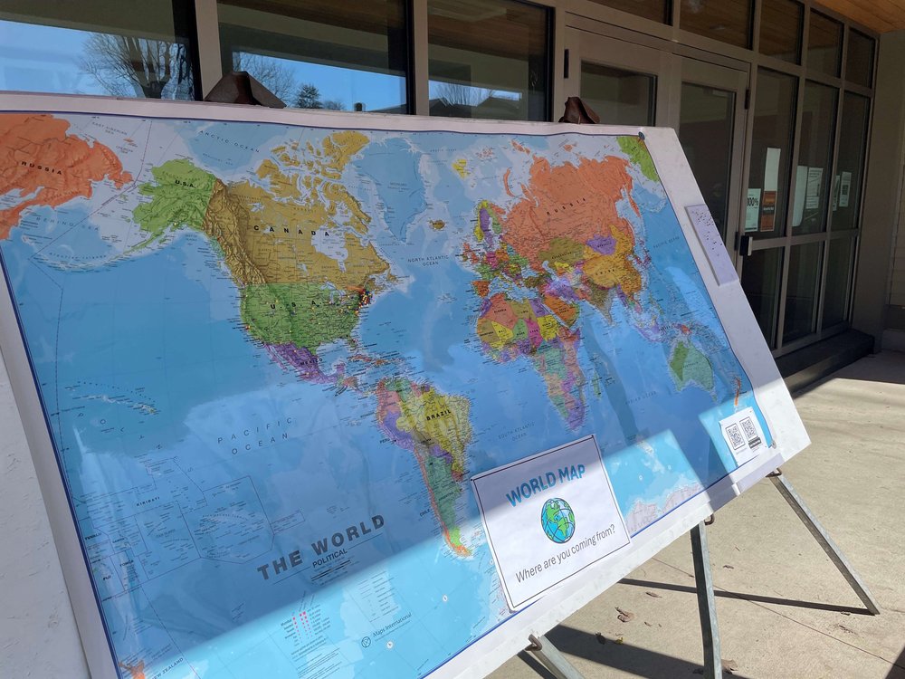 World map with pins at the Waterbury municipal offices. 