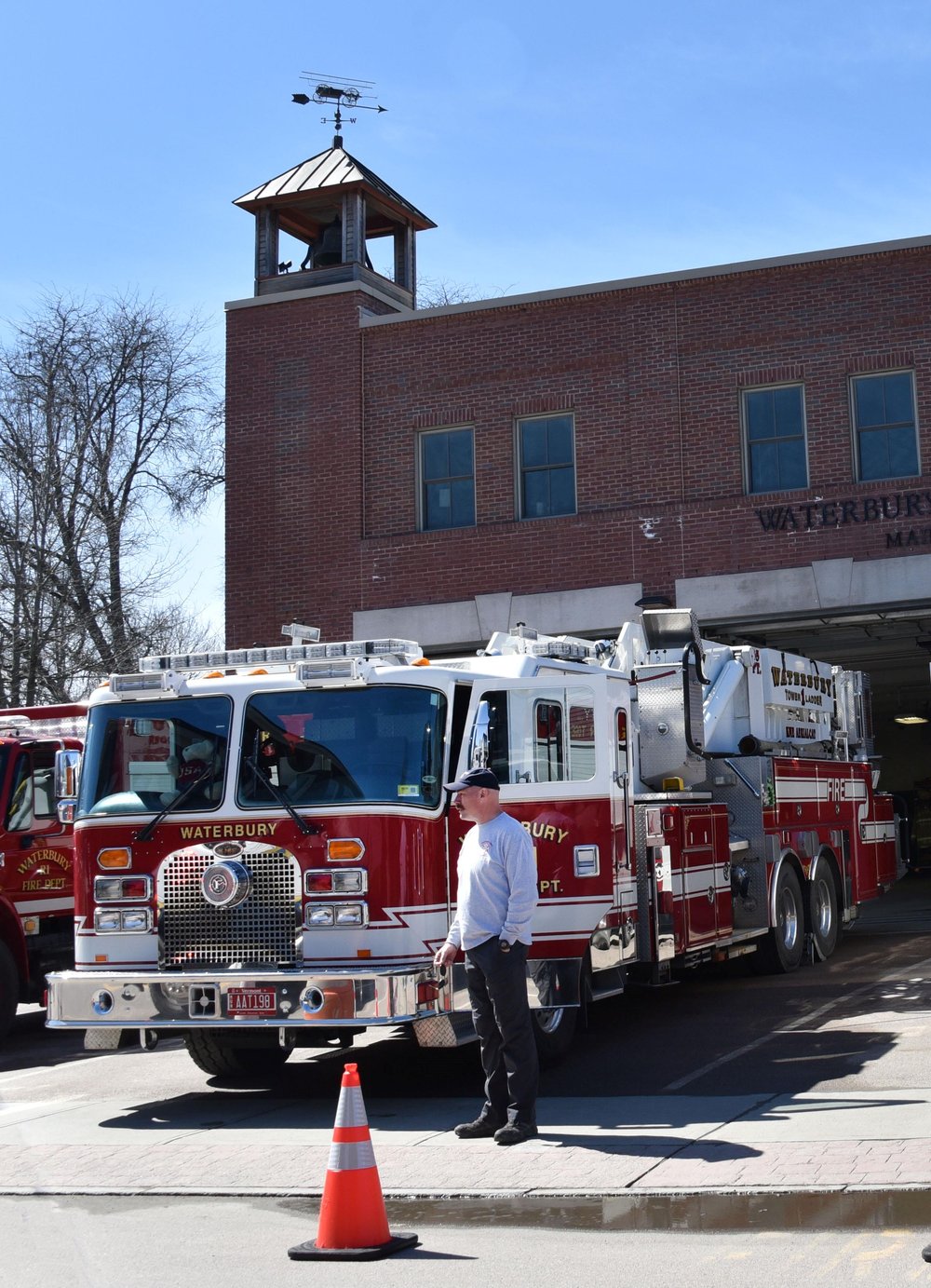   Waterbury Fire Chief Gary Dillon takes in the scene at the Main Street fire station. Photo by Gordon Miller  