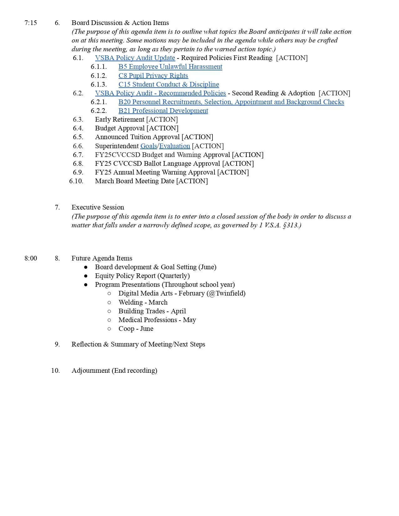 Meeting agenda. Click to enlarge