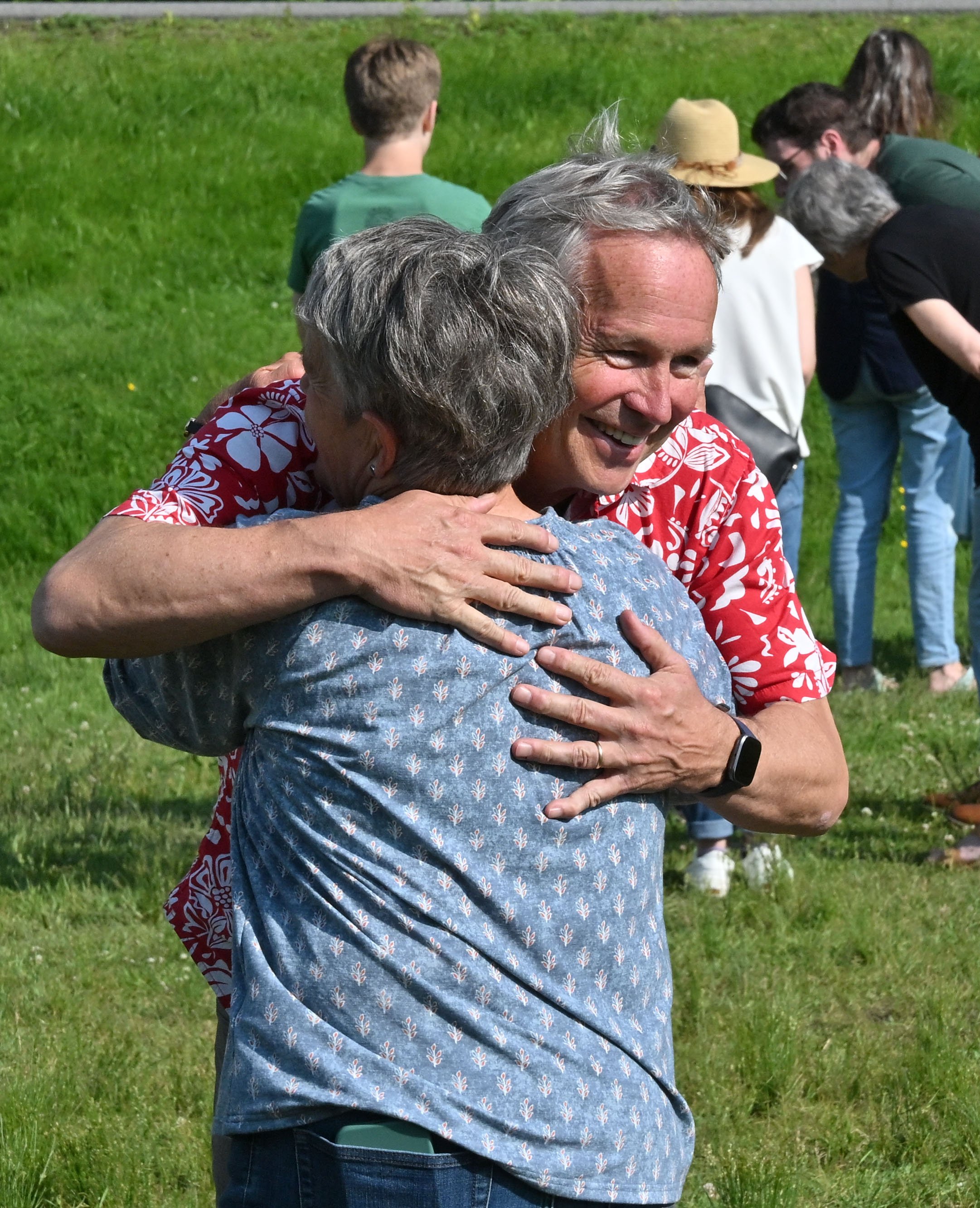 Teacher Chris Costello, who created the Wax Museum project, gets appreciation at the final presentation by his students before he retires. Photo by Gordon Miller