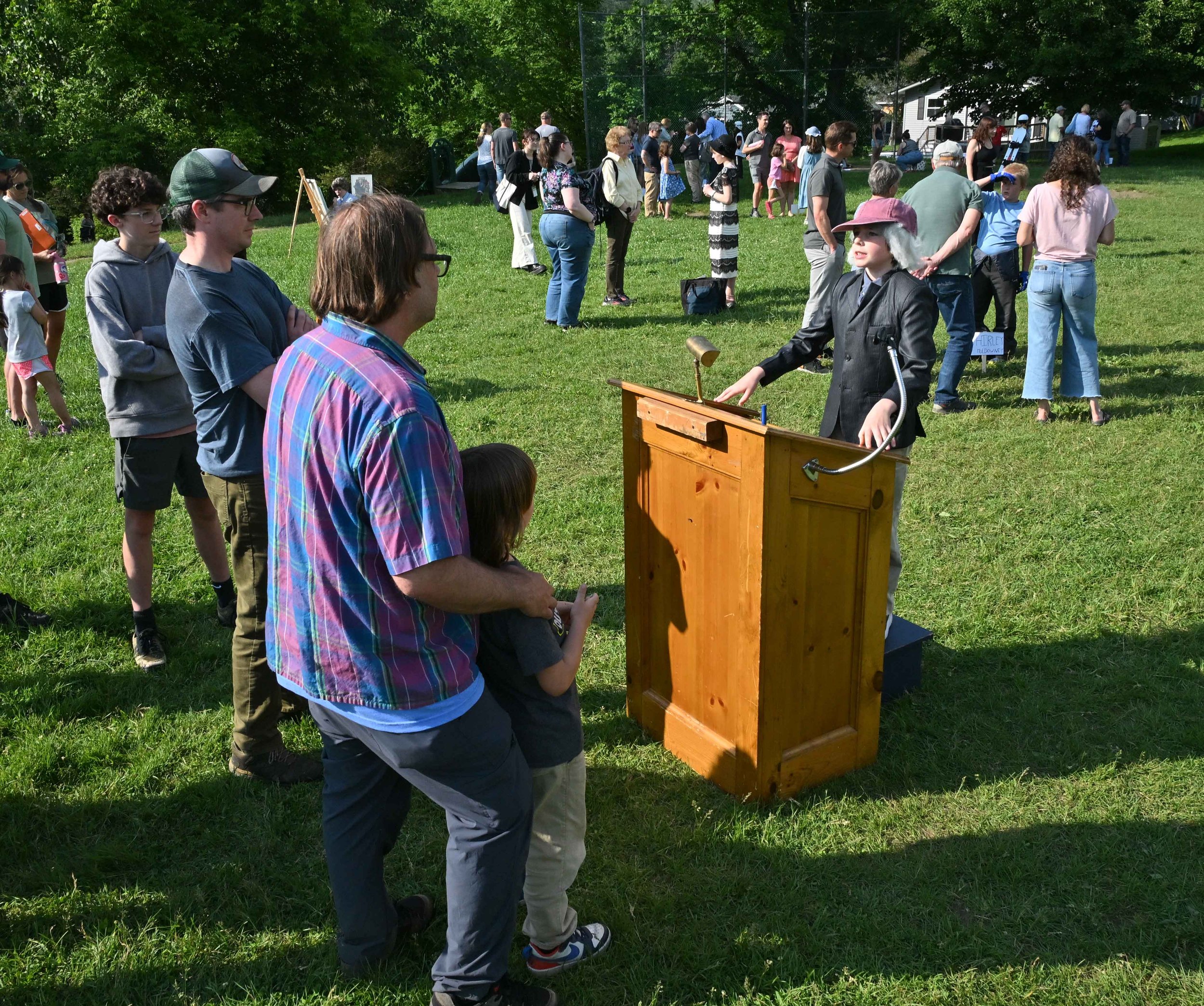 ‘Bernie Sanders’ speaks to members of the crowd. Photo by Gordon Miller