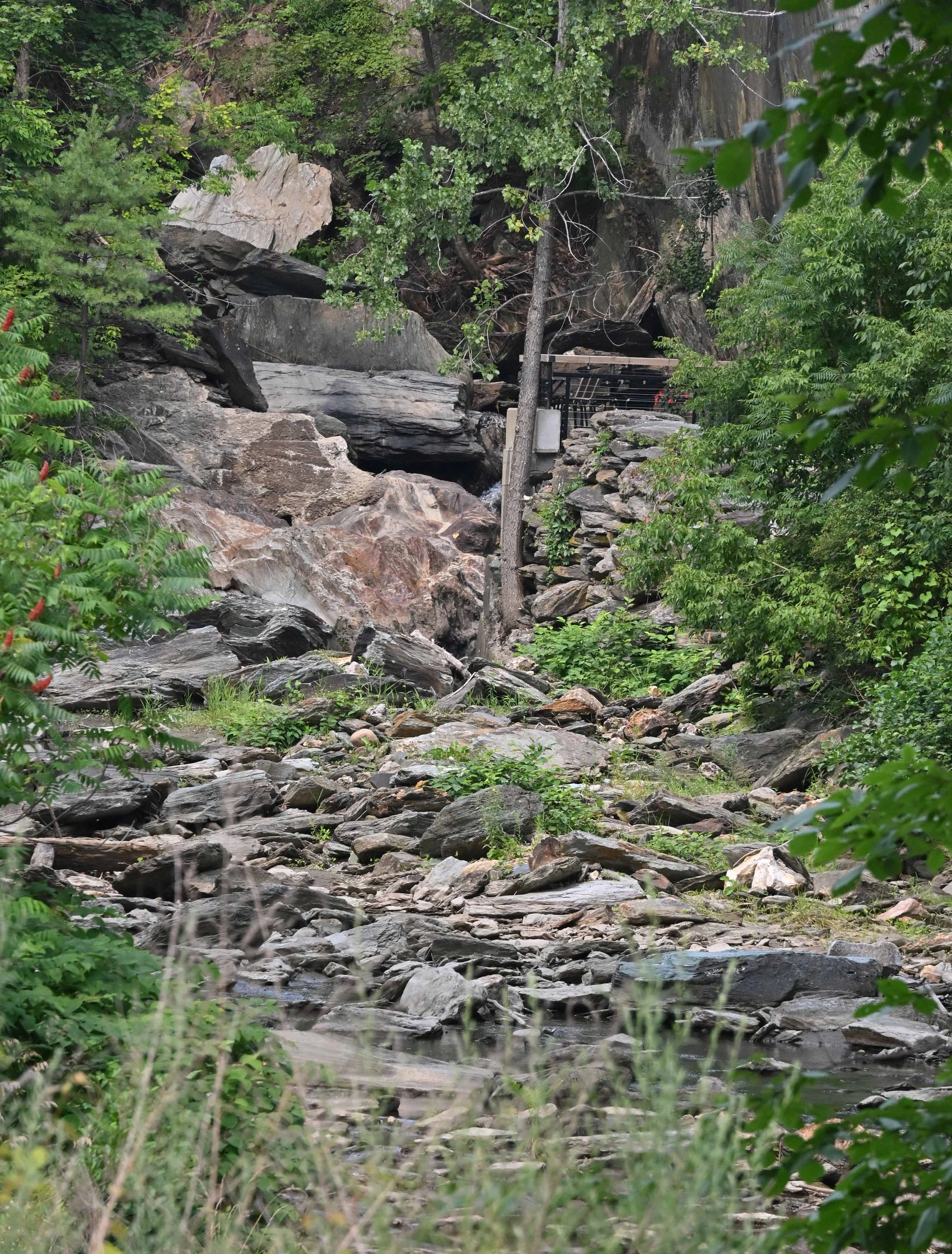  No water for the Thatcher Brook waterfall near the former grist mill off Stowe Street.&nbsp;Photo by Gordon Miller 