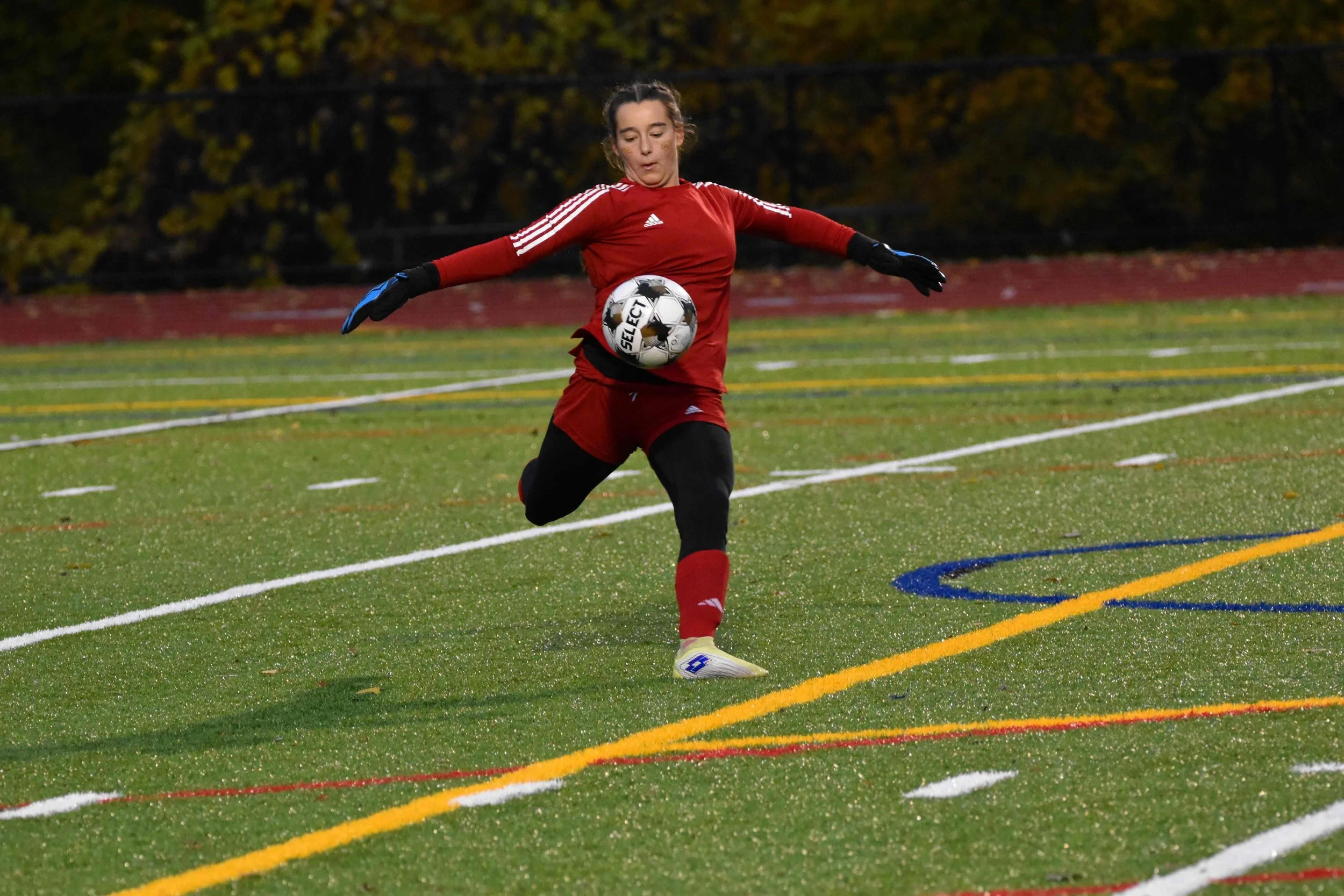   Harwood goalie Tara Nagel sends the ball.&nbsp;Photo by Angela Nadeau  
