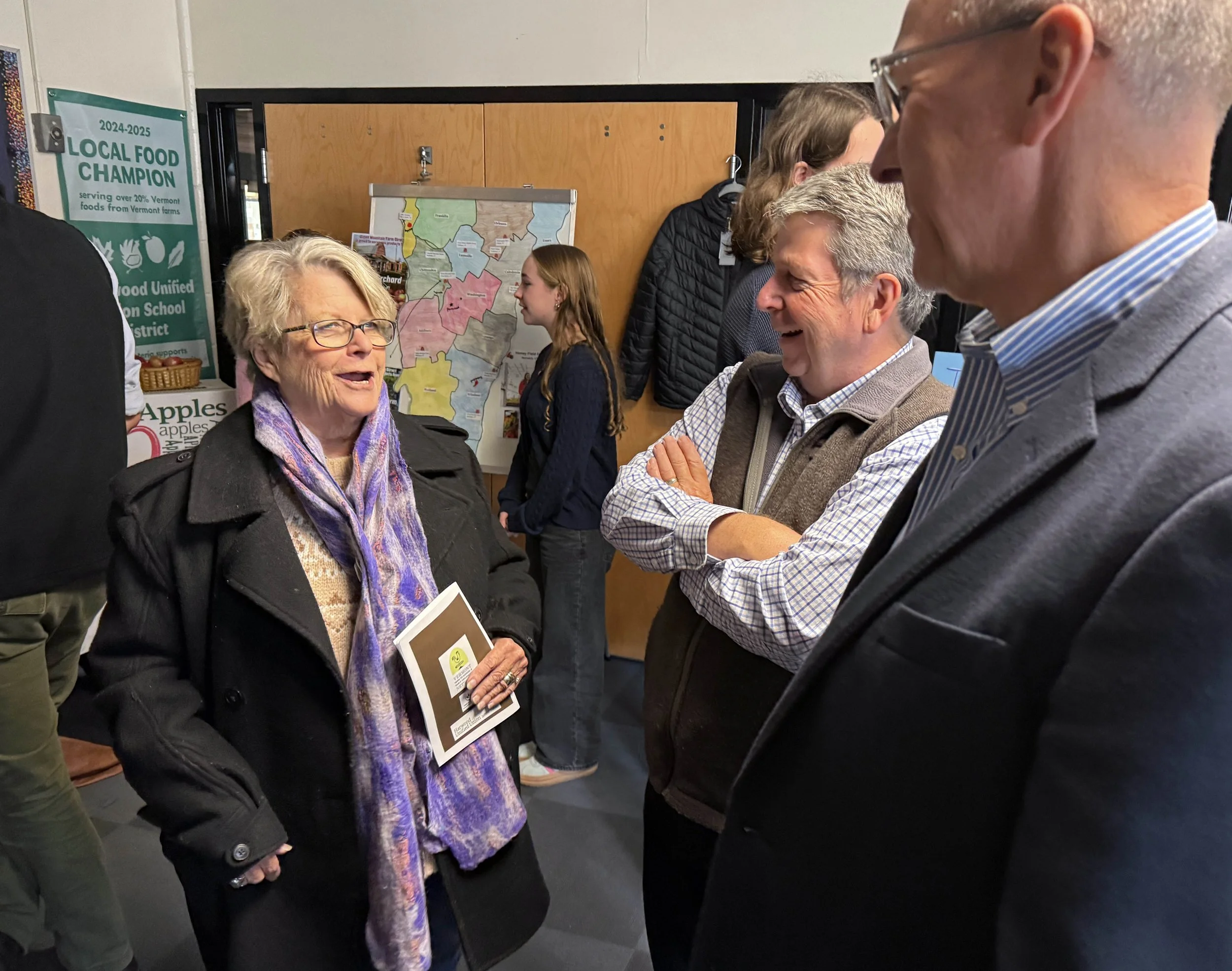   State Sen. Ann Cummings with Vermont Secretary of Agriculture, Food and Markets Anson Tebbetts and Harwood Superintendent Mike Leichliter. Photo by Gordon Miller  