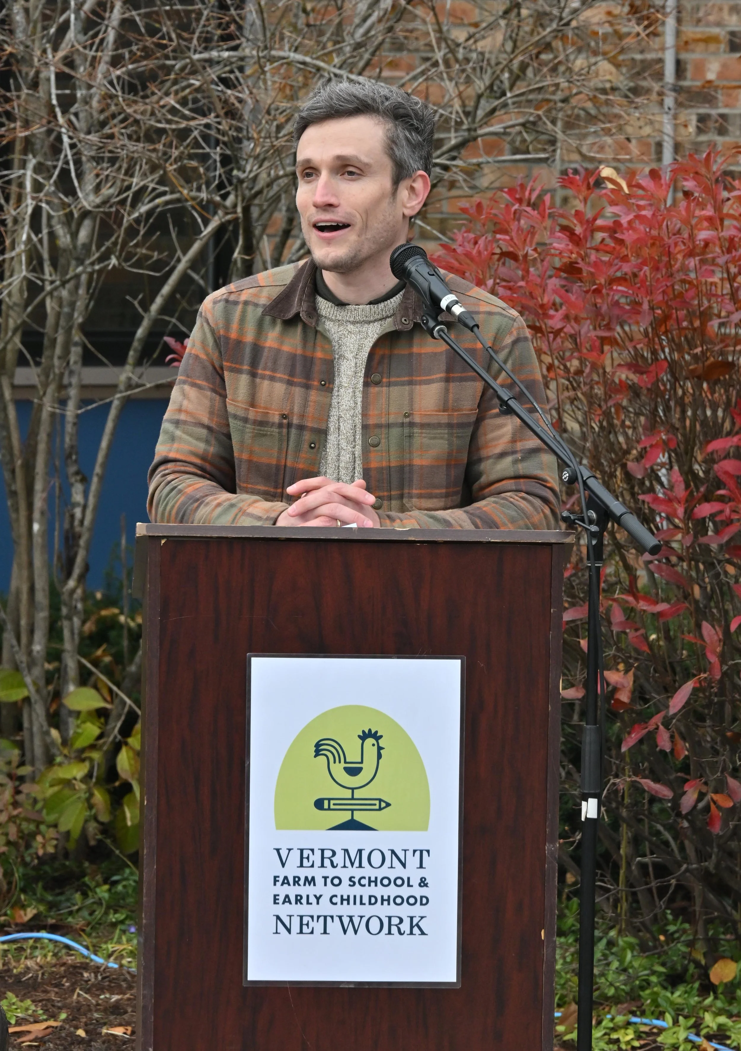   James McNerney from U.S. Sen. Peter Welch's office sends greetings from Welch and details on a bill in Congress that would strengthen farm-to-school programs nationwide. Photo by Gordon Miller  