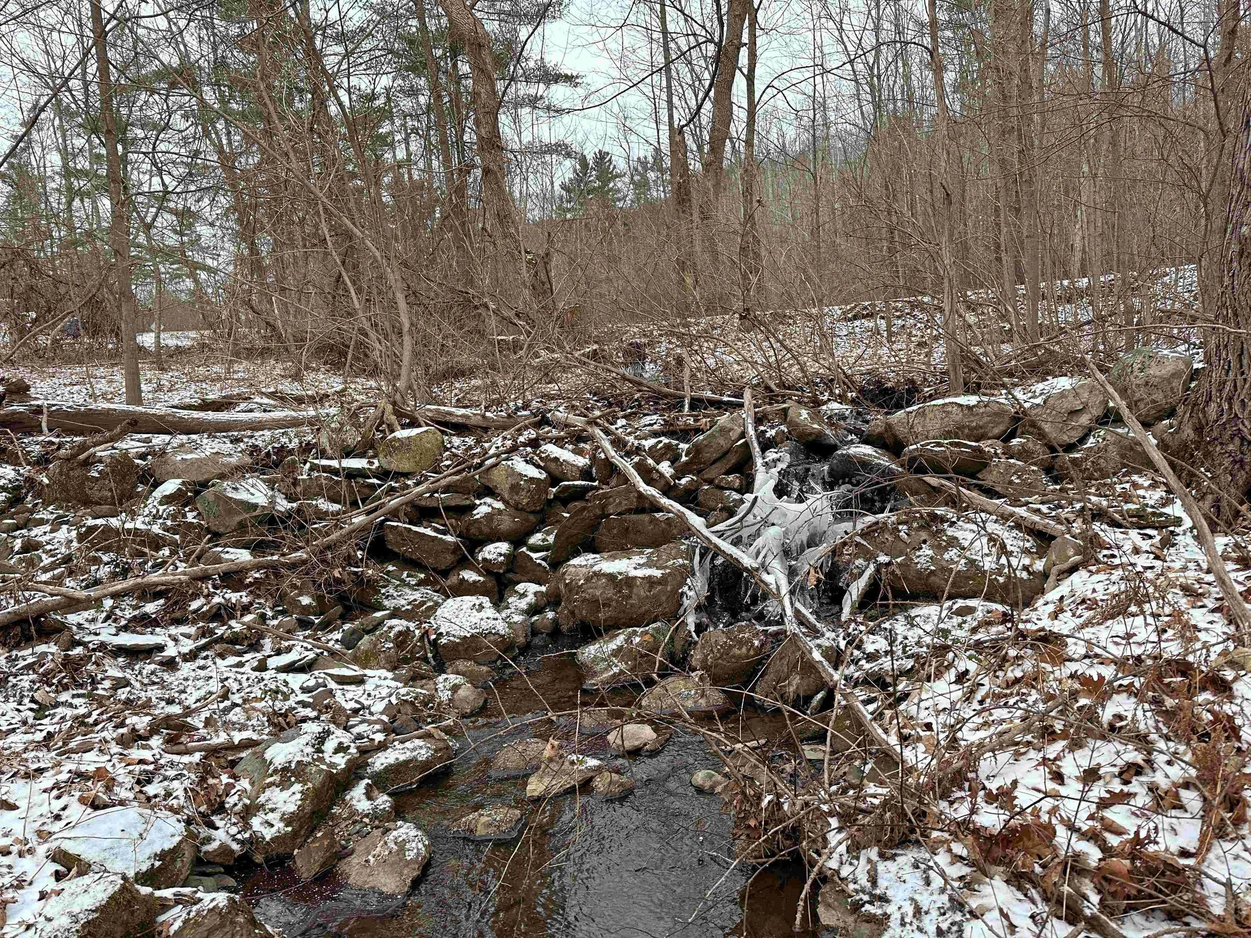   A stone dam before removal, Jan. 2024. Vt. Land Trust photo  