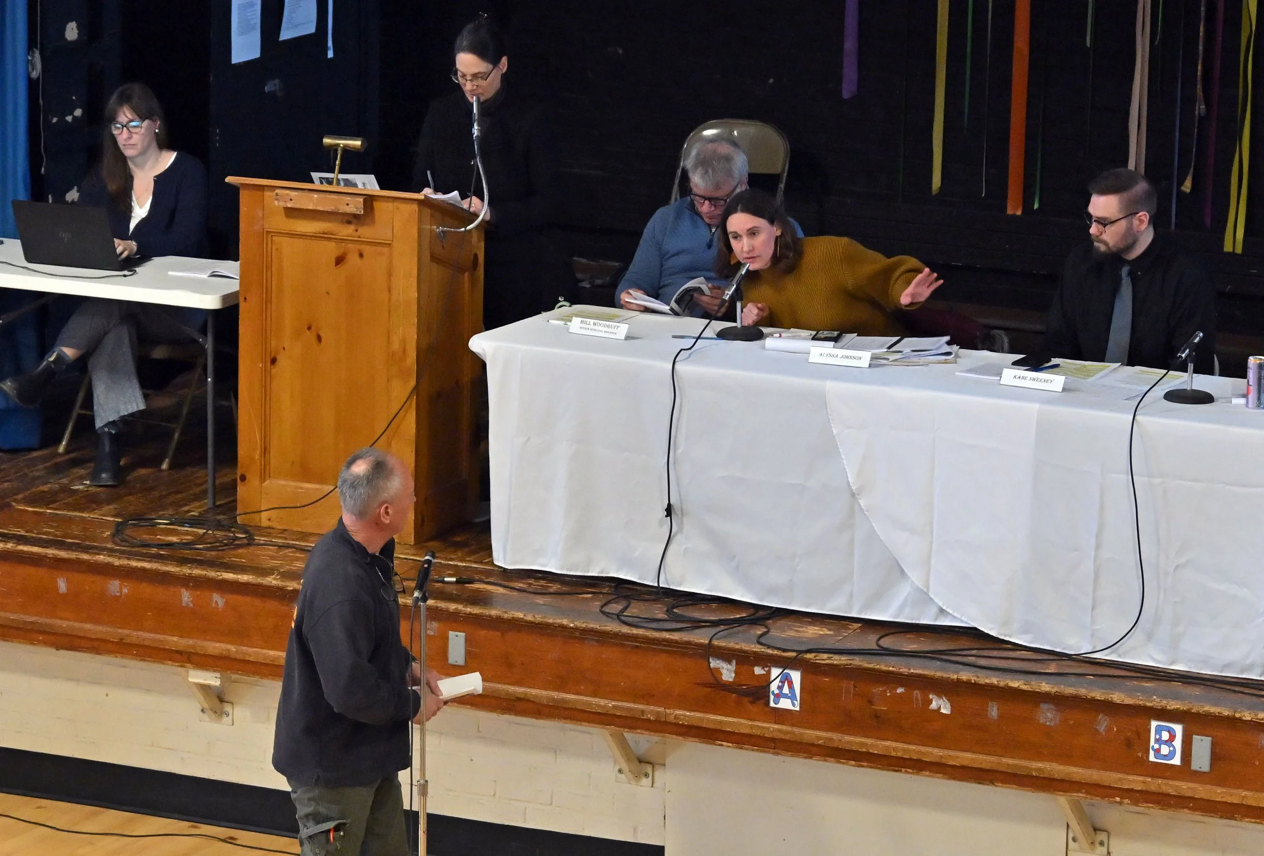   Select Board Chair Alyssa Johnson answers a question from Chris Viens. Photo by Gordon Miller   