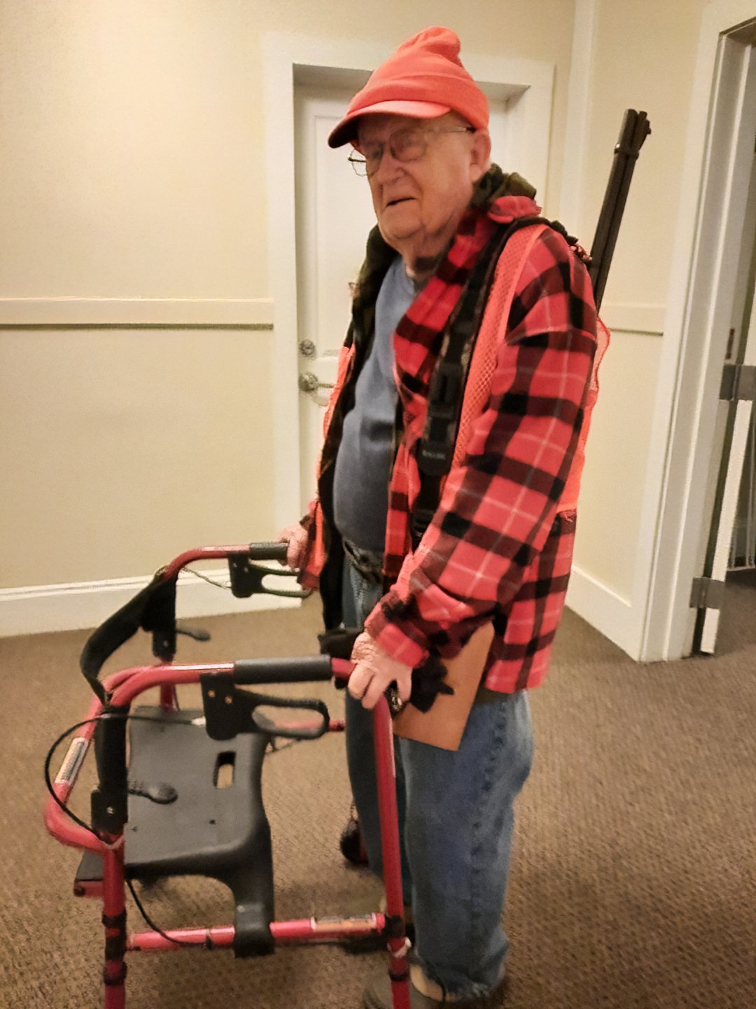  Last fall, Doug Perry is suited up to go hunting, using the elevator to leave his apartment. Courtesy photo 