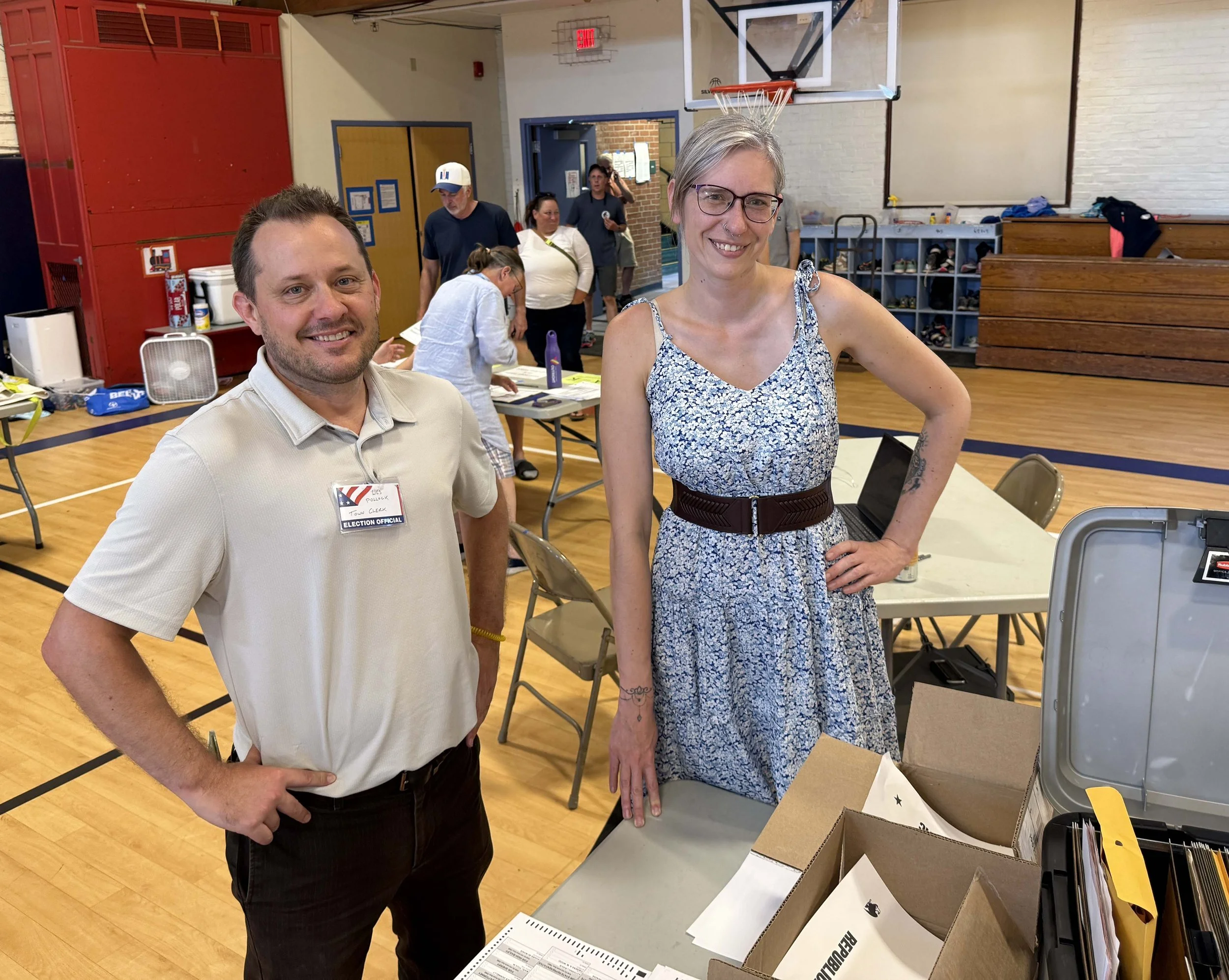   Waterbury's new Town Clerk Wesley Pollock and Assistant Town Clerk Myria McNally work their first election. Photo by Gordon Miller  