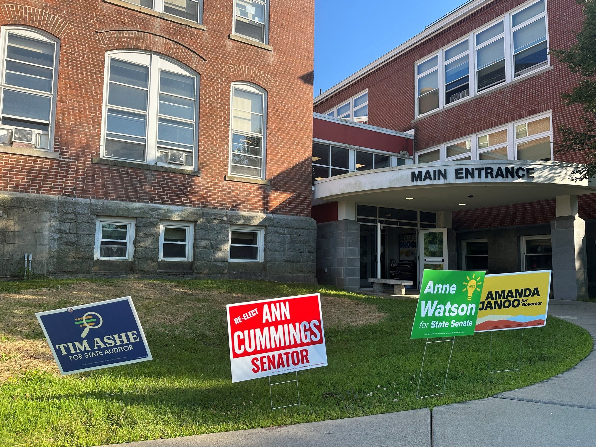   Candidate signs for Democratic candidates outside Brookside Primary School in Waterbury  