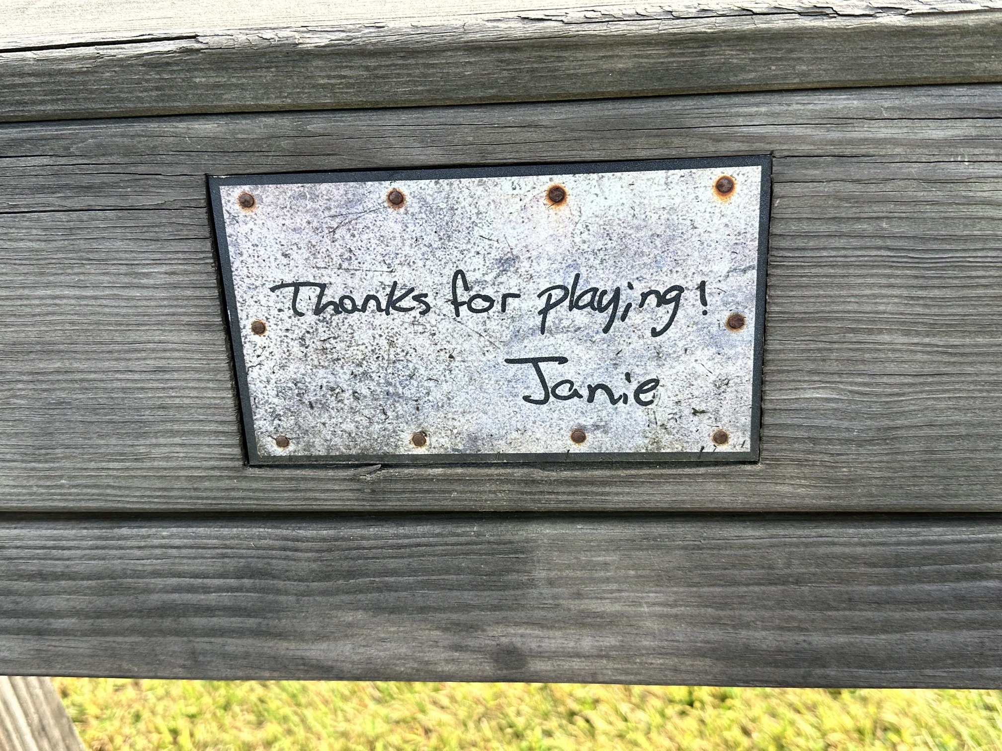  Memorial bench plate at Mad River Park. Photo by Lisa Scagliotti  