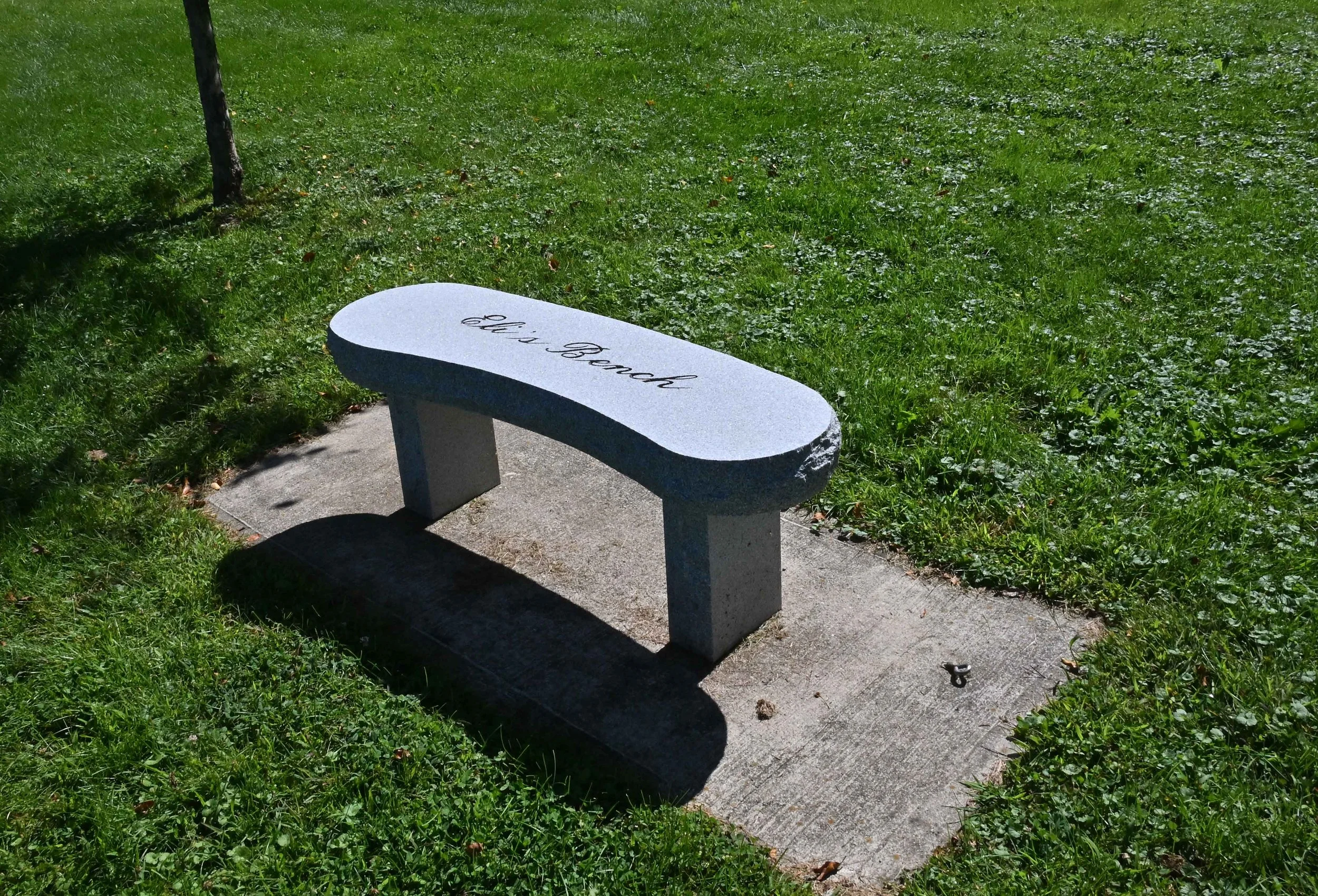   A new stone bench honoring Eli Brookens was installed this summer. Photo by Gordon Miller  