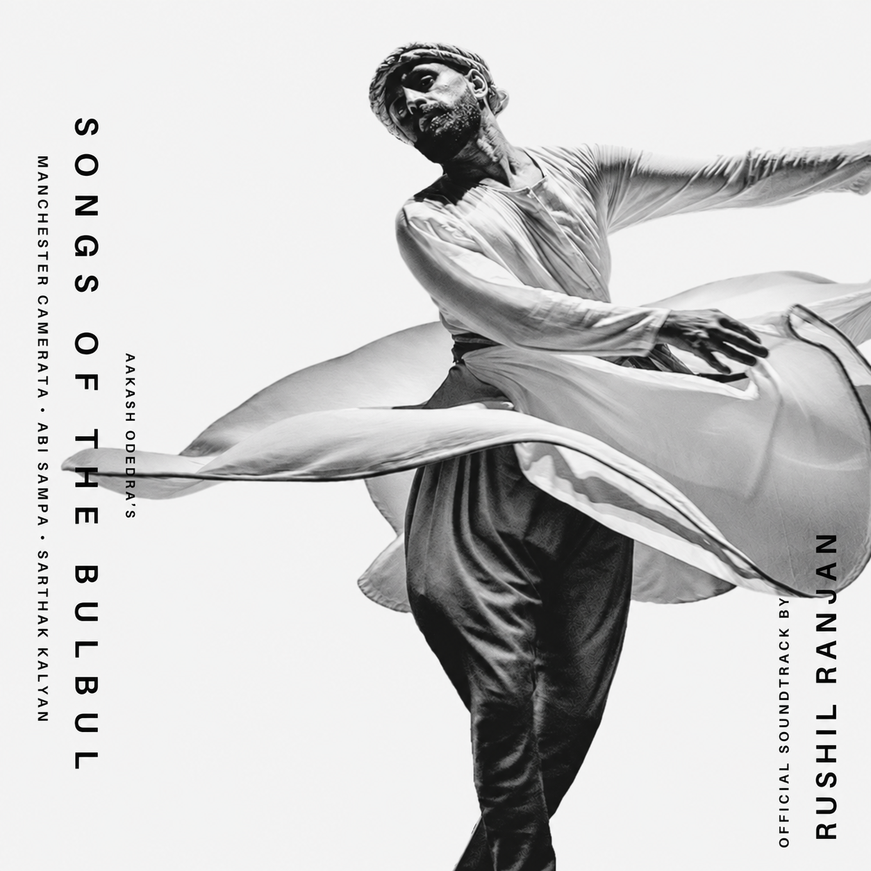 Aakash Odedra in Songs of the Bulbul, with original soundtrack by Rushil Ranjan. Black-and-white artwork.