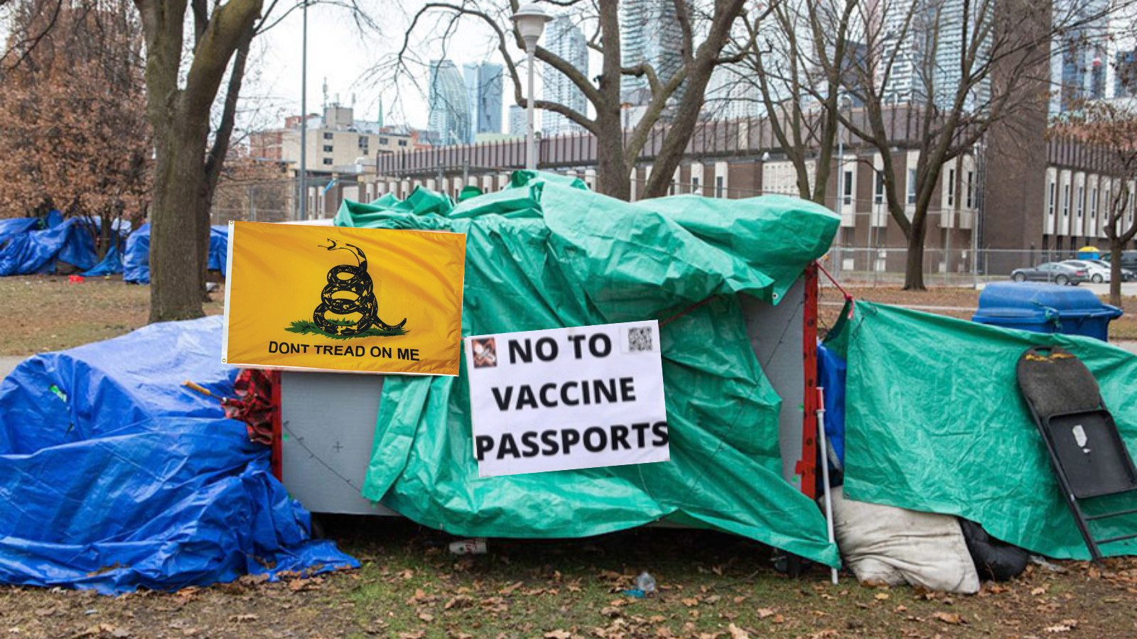 Toronto Homeless Encampment Remains Cop-Free By Camouflaging As Anti-Vaxx Rally