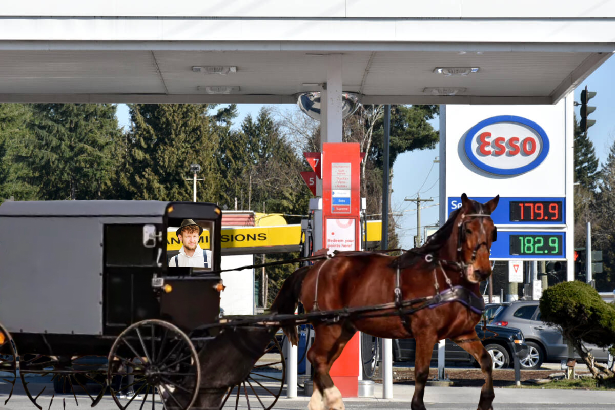 Mennonite Man Smuggly Drives Past Gas Station