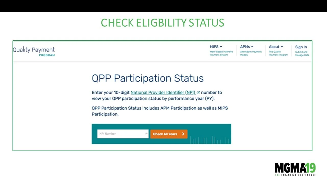 Screenshot of a government web page titled 'Check Eligibility Status' for the Quality Payment Program. It has a section labeled 'QPP Participation Status' with instructions to enter a 10-digit National Provider Identifier (NPI) to view participation 