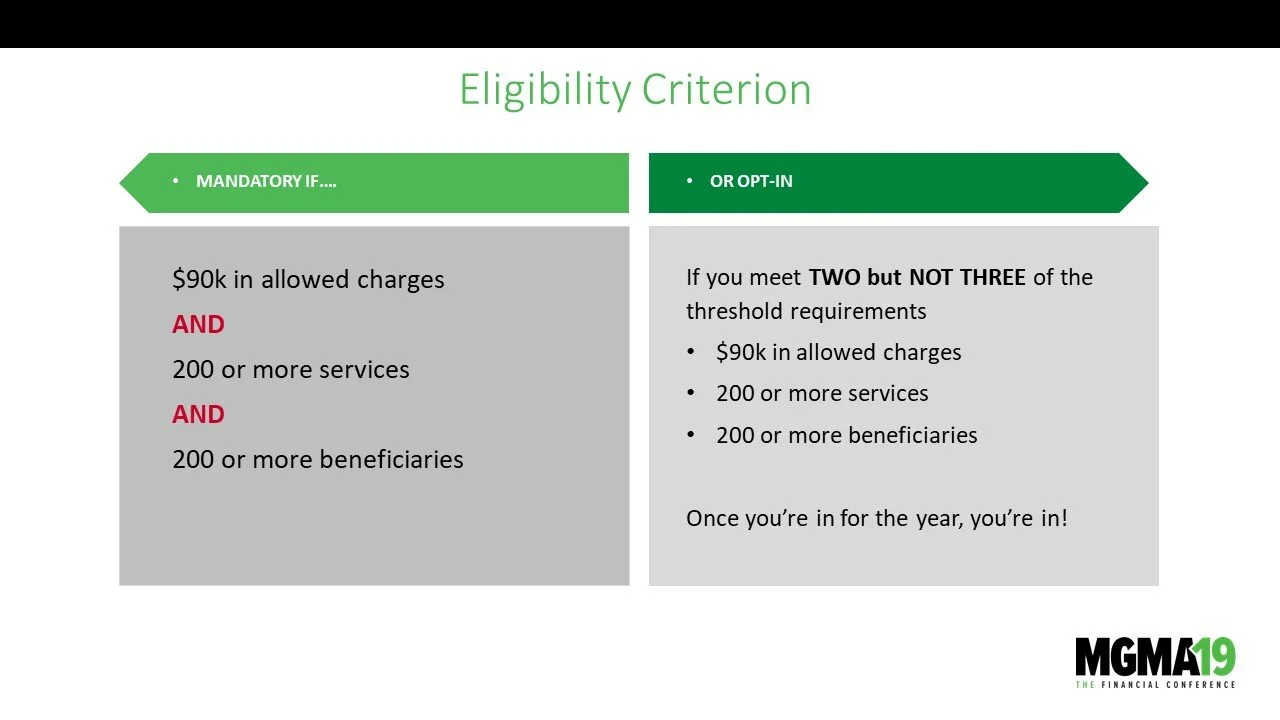 Slide titled 'Eligibility Criterion' with two sections: 'Mandatory' on the left, 'Or Opt-In' on the right. The slide discusses charge and service thresholds for eligibility. The bottom right corner features the MGA19 conference logo.