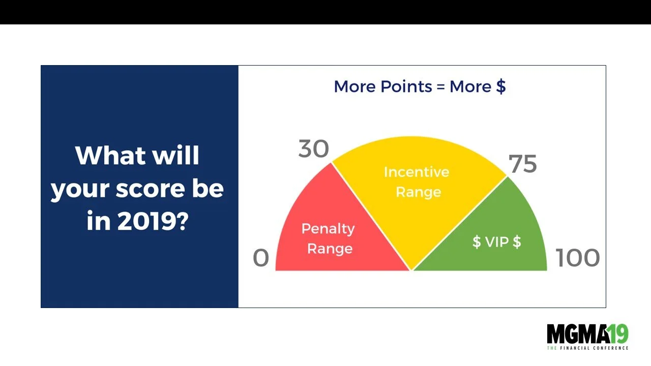 A gauge-style chart illustrating a score range for 2019 with segments in red, yellow, and green, labeled Penalty Range, Incentive Range, and VIP, respectively, with values from 0 to 100 and a title asking, 'What will your score be in 2019?' The chart