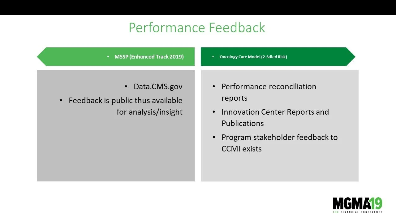 Slide titled 'Performance Feedback' with two columns. The left column has a green arrow with 'MSSP (Enhanced Track 2019)', and the right has a green arrow with 'Oncology Care Model (2-Sided Risk)'. The left column lists 'Data.CMS.gov', 'Feedback is p