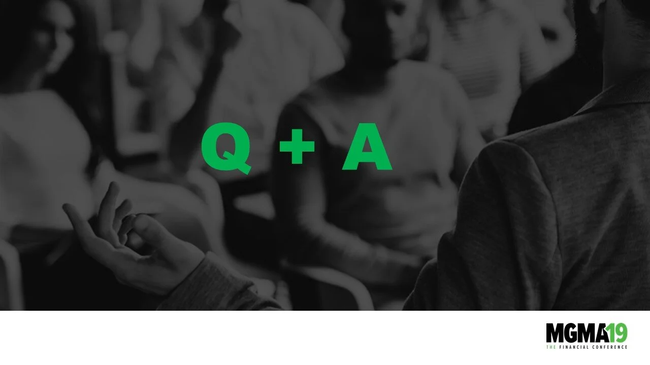 A person appears to be asking questions during a conference, with an audience visible in the background. The text 'Q + A' is centered on the image in green, and the logo in the bottom right corner reads 'MGMA19 The Financial Conference'.
