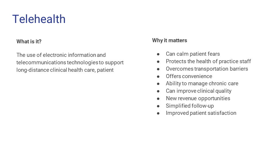 A digital infographic explaining telehealth, with sections titled 'What is it?' and 'Why it matters,' describing benefits like calming fears, protecting staff health, and offering convenience.