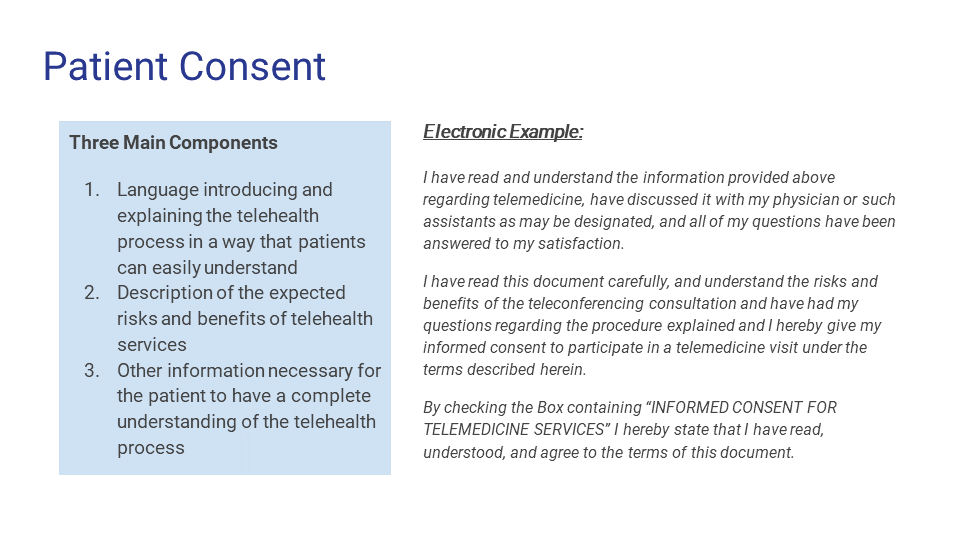 Patient consent form document with main components and an example of electronic consent for telehealth services.