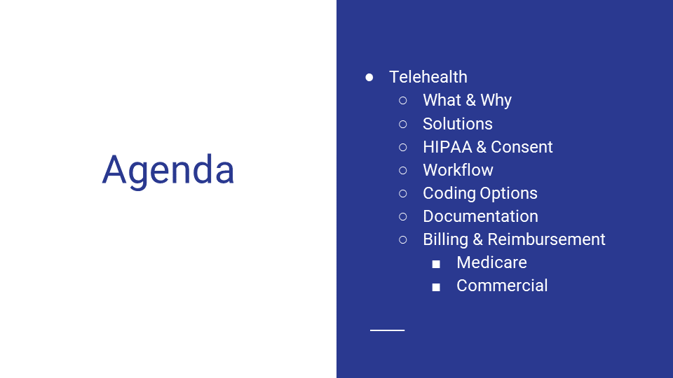 Slide titled 'Agenda' with a list of discussion topics including Telehealth, Billing & Reimbursement, and specific subtopics like HIPAA & Consent, Workflow, Coding Options, Documentation, Medicare, and Commercial, on a blue background.