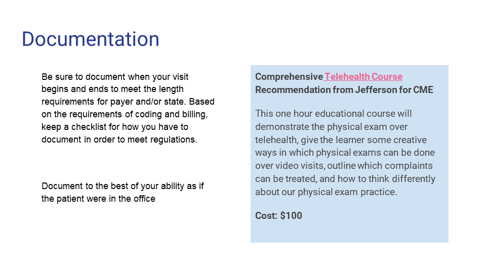 Document with a section titled 'Comprehensive Telehealth Course Recommendation from Jefferson for CME' in blue, offering a one-hour educational course on telehealth physical exams, costing $100. The main text on the left discusses documentation requi