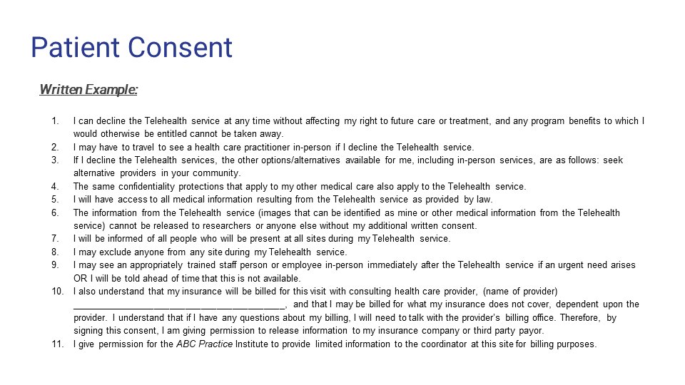 A document titled 'Patient Consent' outlining a patient's rights and procedures regarding telehealth services, including consent for online communication, confidentiality, and billing details.