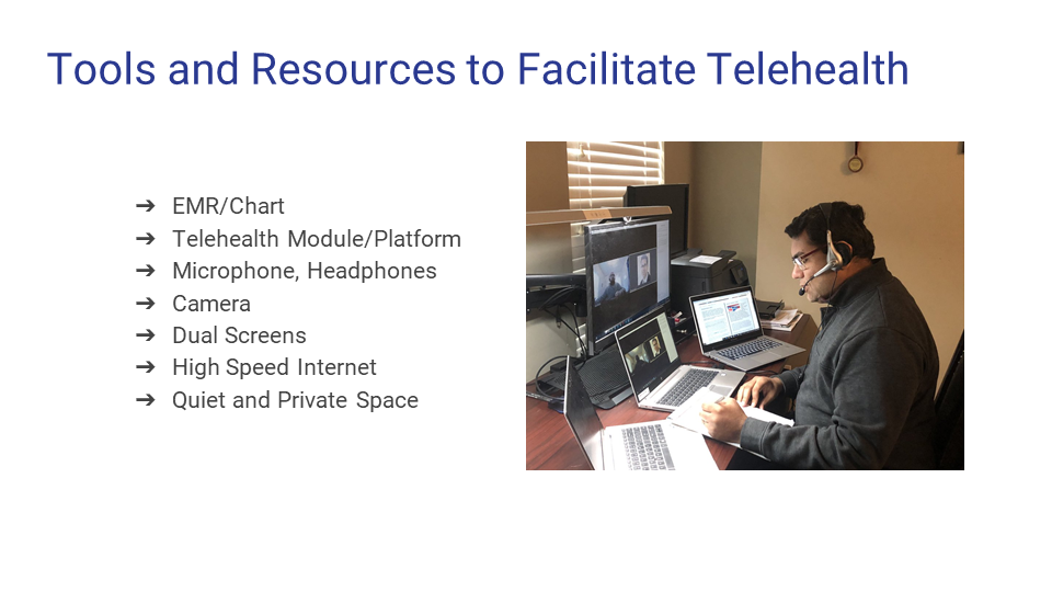 A person wearing a headset is working at a desk with three laptops and a monitor, participating in a telehealth session, illustrating tools for telehealth including multiple screens and internet connectivity.