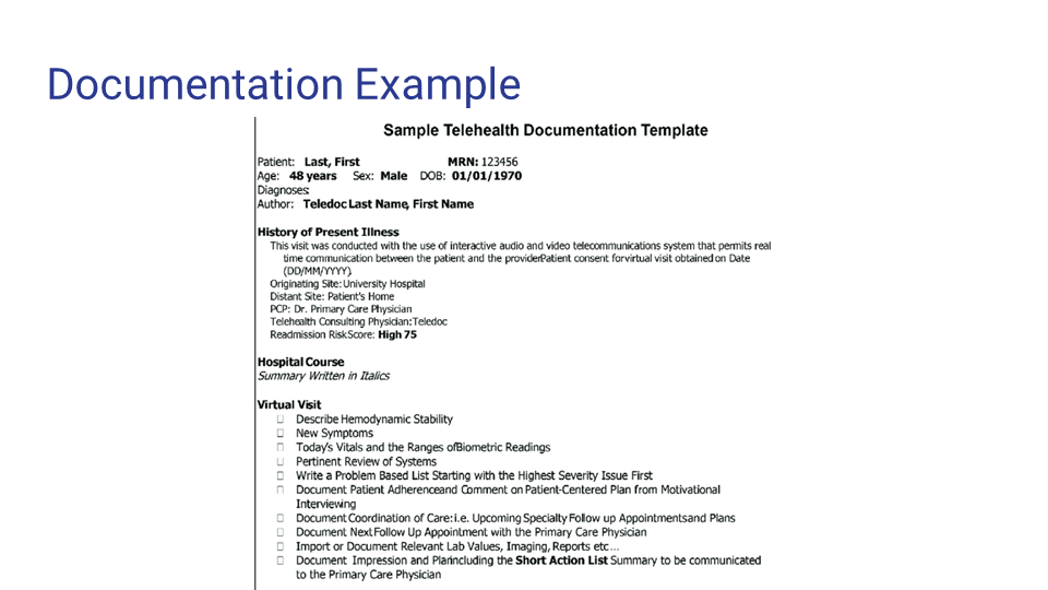 Sample telehealth documentation template including patient information, history of illness, hospital course, and virtual visit checklist.