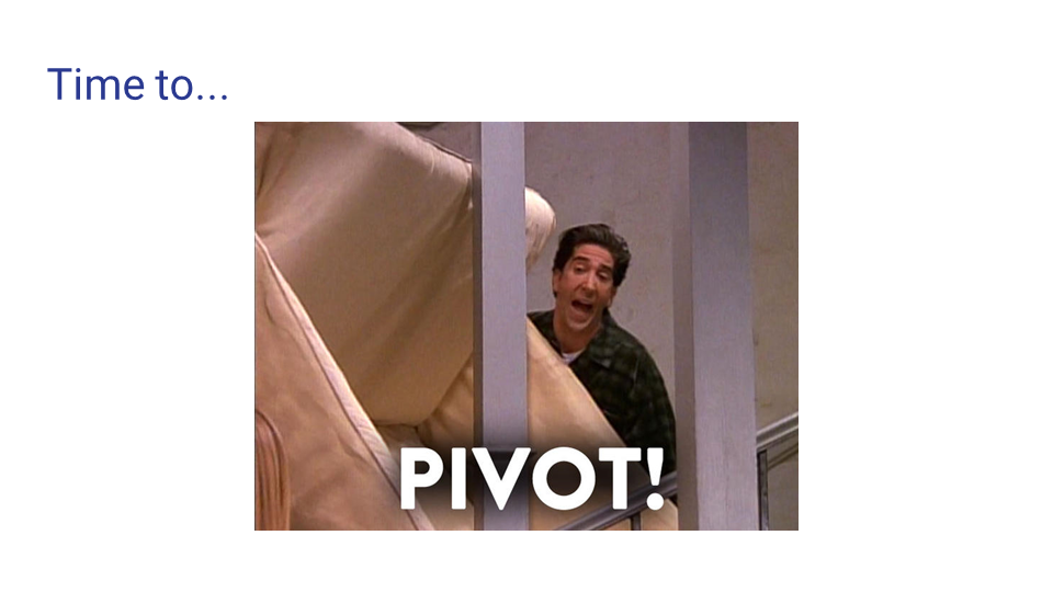 A scene from the TV show Seinfeld showing Jerry Seinfeld peeking from behind a pillar with a surprised expression. The text says 'Time to... PIVOT!'