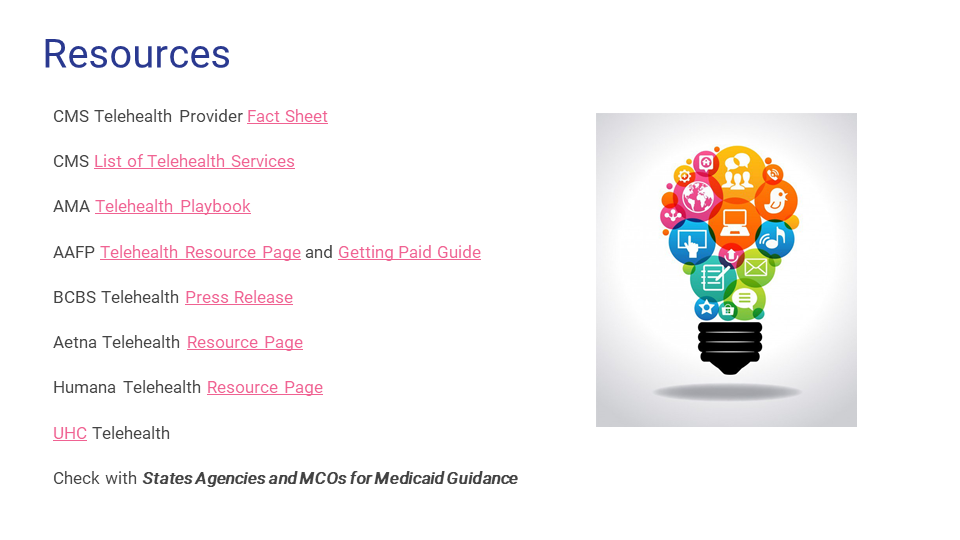 A digital graphic of a lightbulb composed of colorful icons related to technology and healthcare, alongside a list of telehealth resources and links on a white background.
