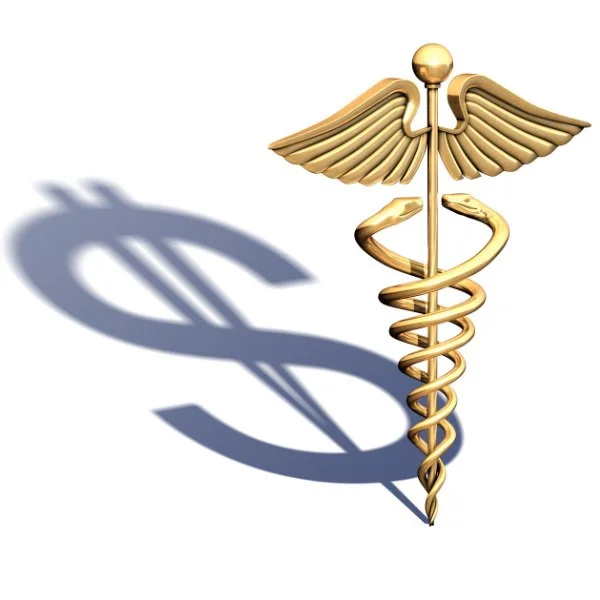 Golden caduceus symbol with dollar sign shadow, representing healthcare costs.
