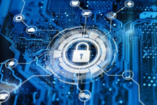Digital illustration of cybersecurity, featuring a padlock symbol at the center surrounded by network connections and digital circuitry.