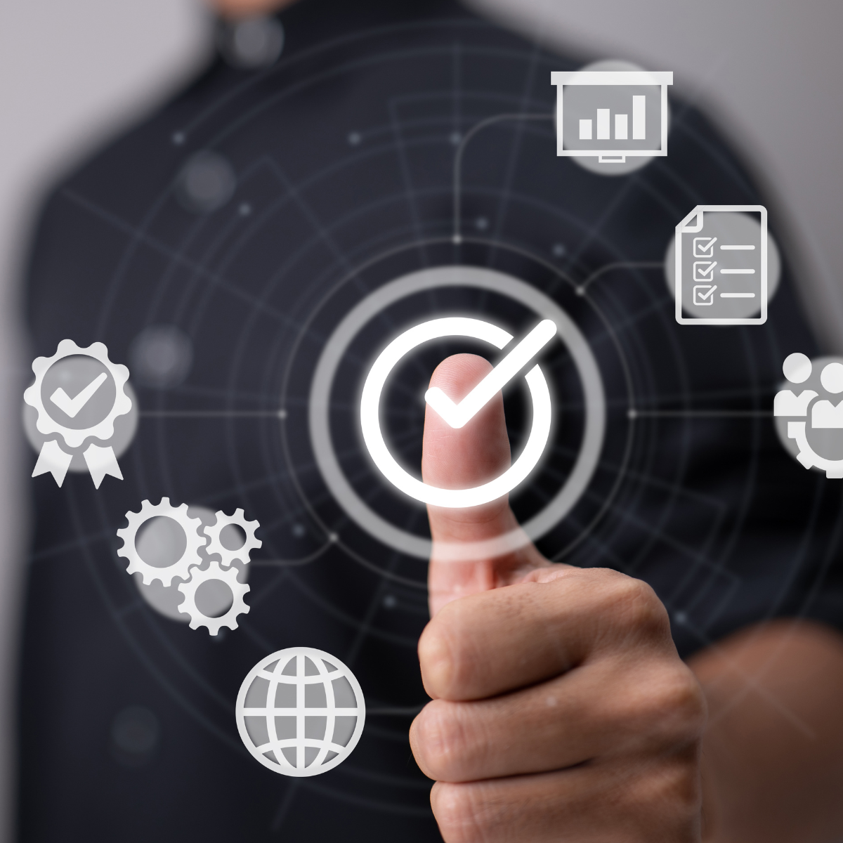 Person pressing a digital checkmark button with various business and technology icons around it, including a badge, gears, globe, chart, document, and group of people.