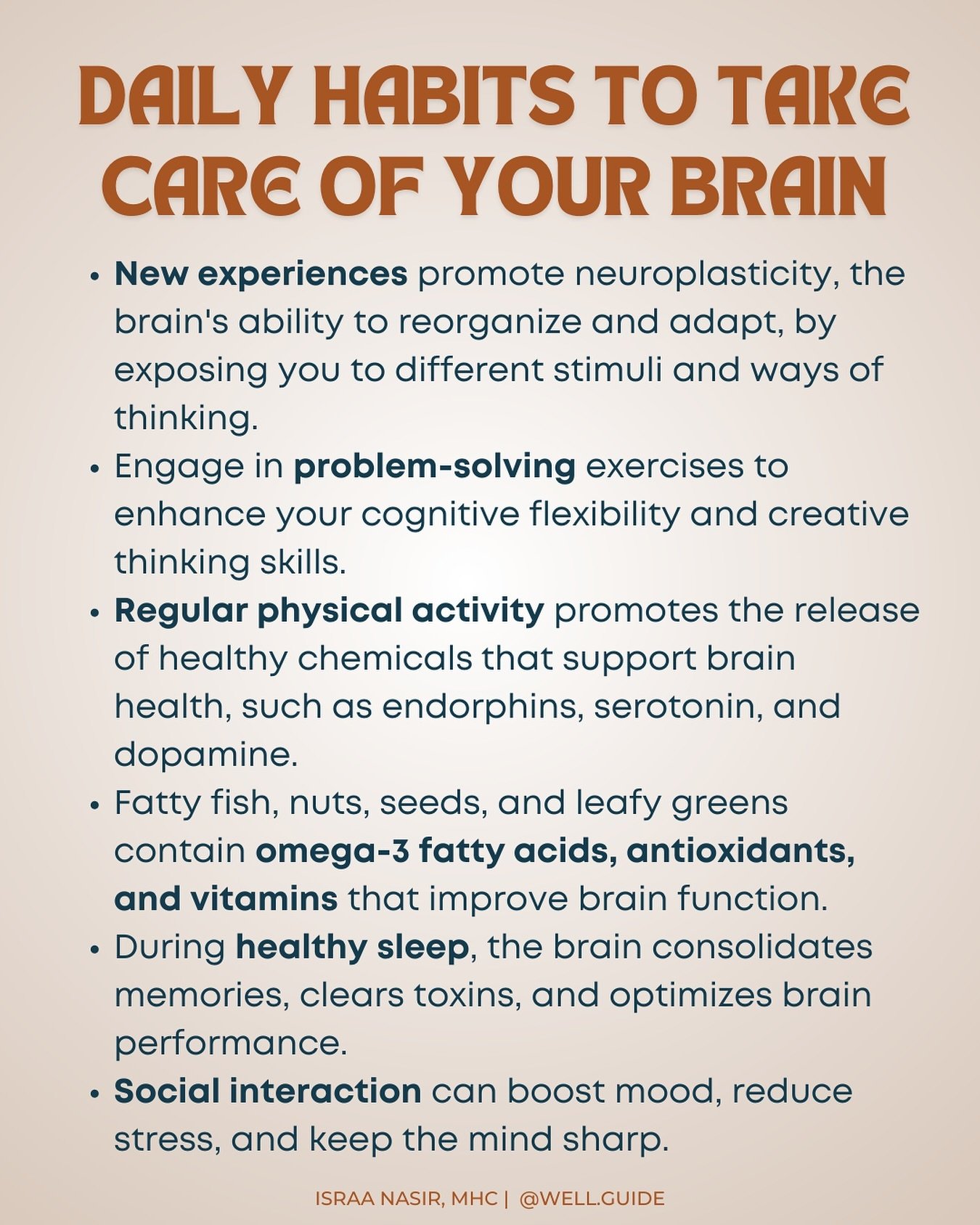 Your body is not the only thing that needs taking care of. Your brain needs caring as well through your habits. 
.
.
.
#wellguide #brainhealthmatters #cognitivepsychology #cognitivescience #cbttherapy #healthyhabits #healthybrain #brainhealthtips