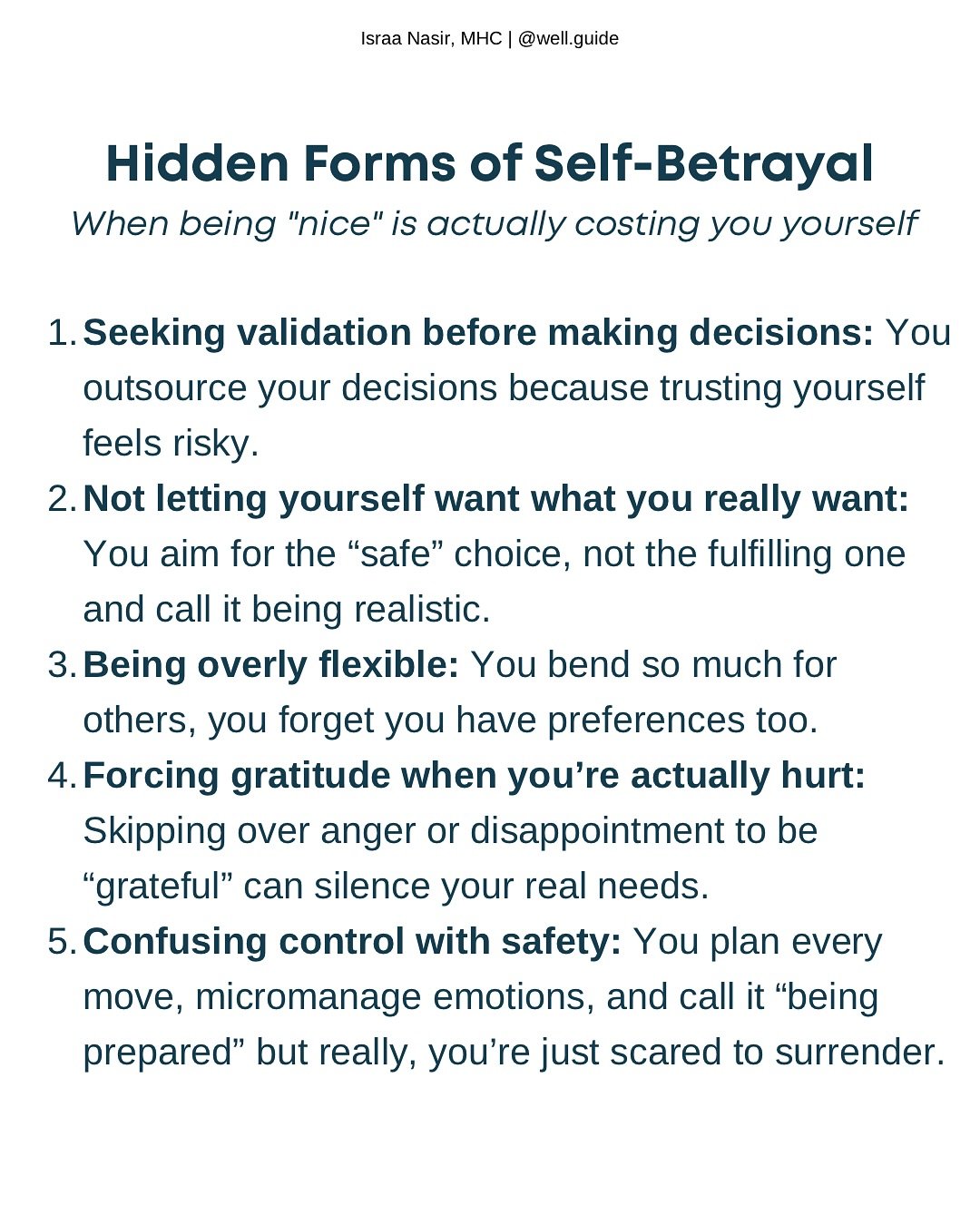 Self-betrayal can look like self-discipline, being agreeable, staying quiet to keep the peace. But over time, these small moments (when we dismiss a gut feeling, stay somewhere we&rsquo;ve outgrown, or say yes while our body screams no) add up.

We l