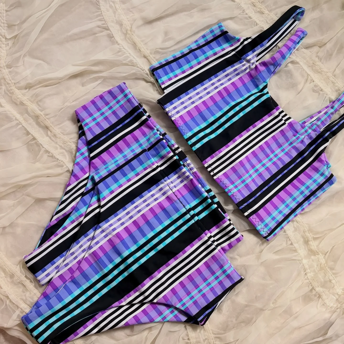 Seeing double!!! Two disco stripe sets with an extra retro fit bottom now available on the RTS page. #handsewn #swimwear #madeincanada #handmade #bathingsuit
