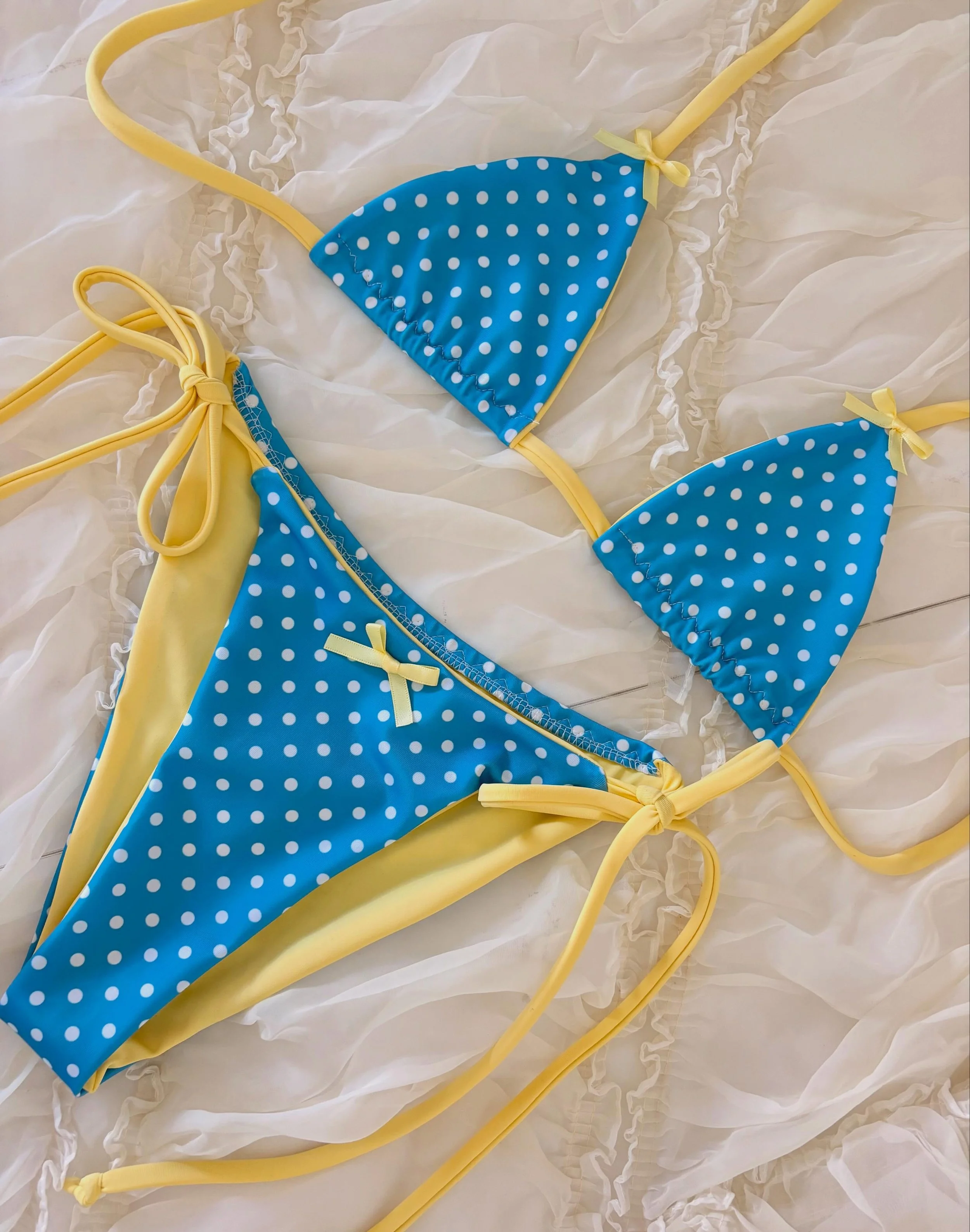 One of a kind bikini set reminiscent of sipping lemonade under a blue sky. Happy Friday! Available on the RTS page now. 🦋🍋🌻 #rts #oneofakind #madeinbc #madeincanada #swimwear