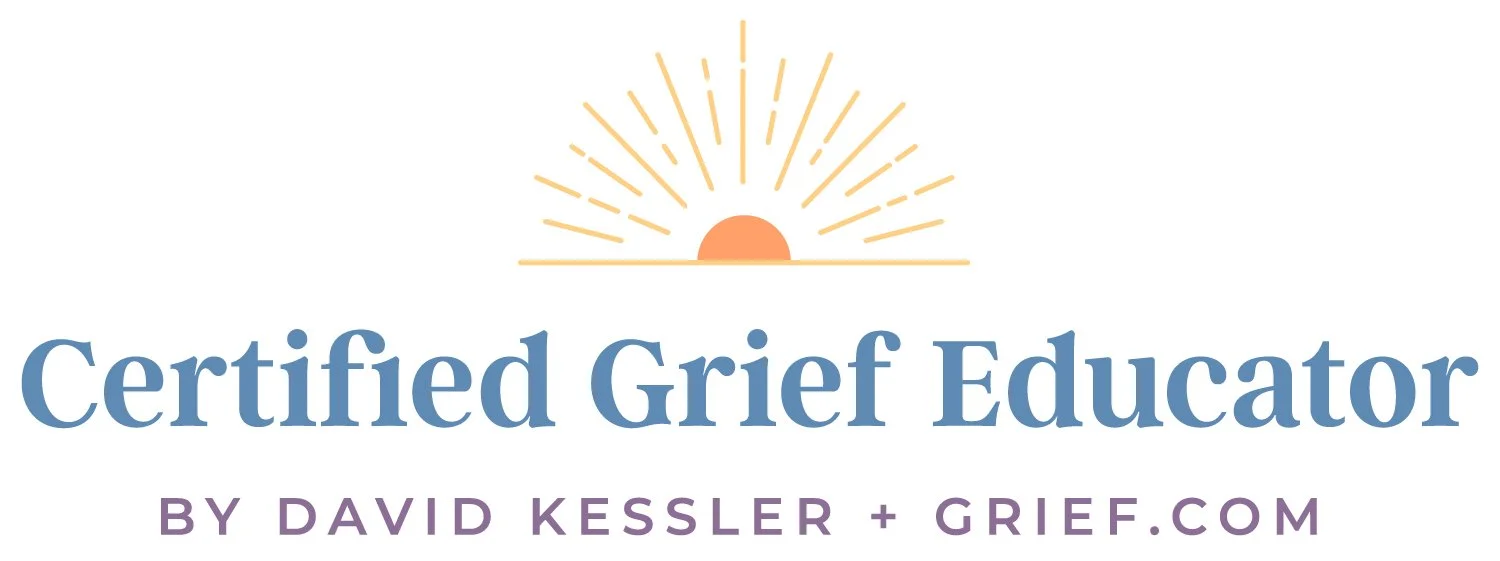 Certification badge for a Certified Grief Educator by David Kessler, featuring a rising sun icon in warm colors.