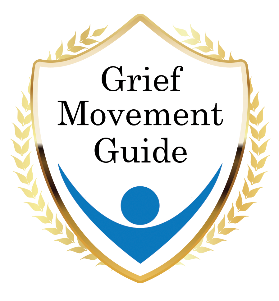 A shield-shaped emblem with a gold laurel wreath outline, featuring the text 'Grief Movement Guide' and a stylized blue figure with arms raised.