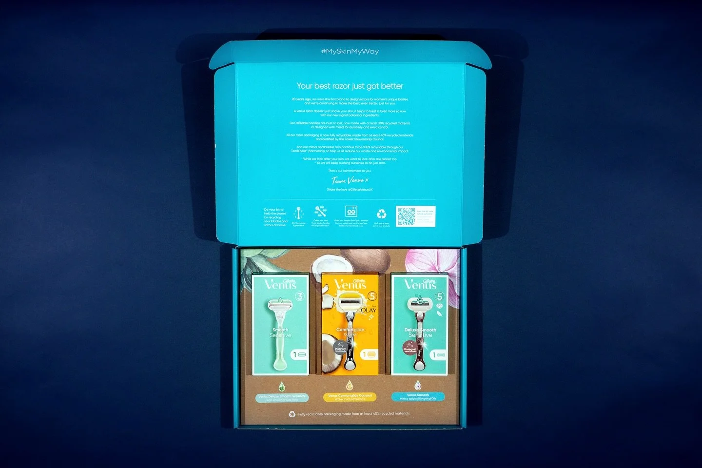Smoother shave. Smarter upgrade. 🪒✨

To introduce Venus SkinCushion&trade;️ technology, we created 100% recyclable mailer boxes that keep things clean, clear, and straight to the point &mdash; just like the product.

Designed to highlight the upgrad