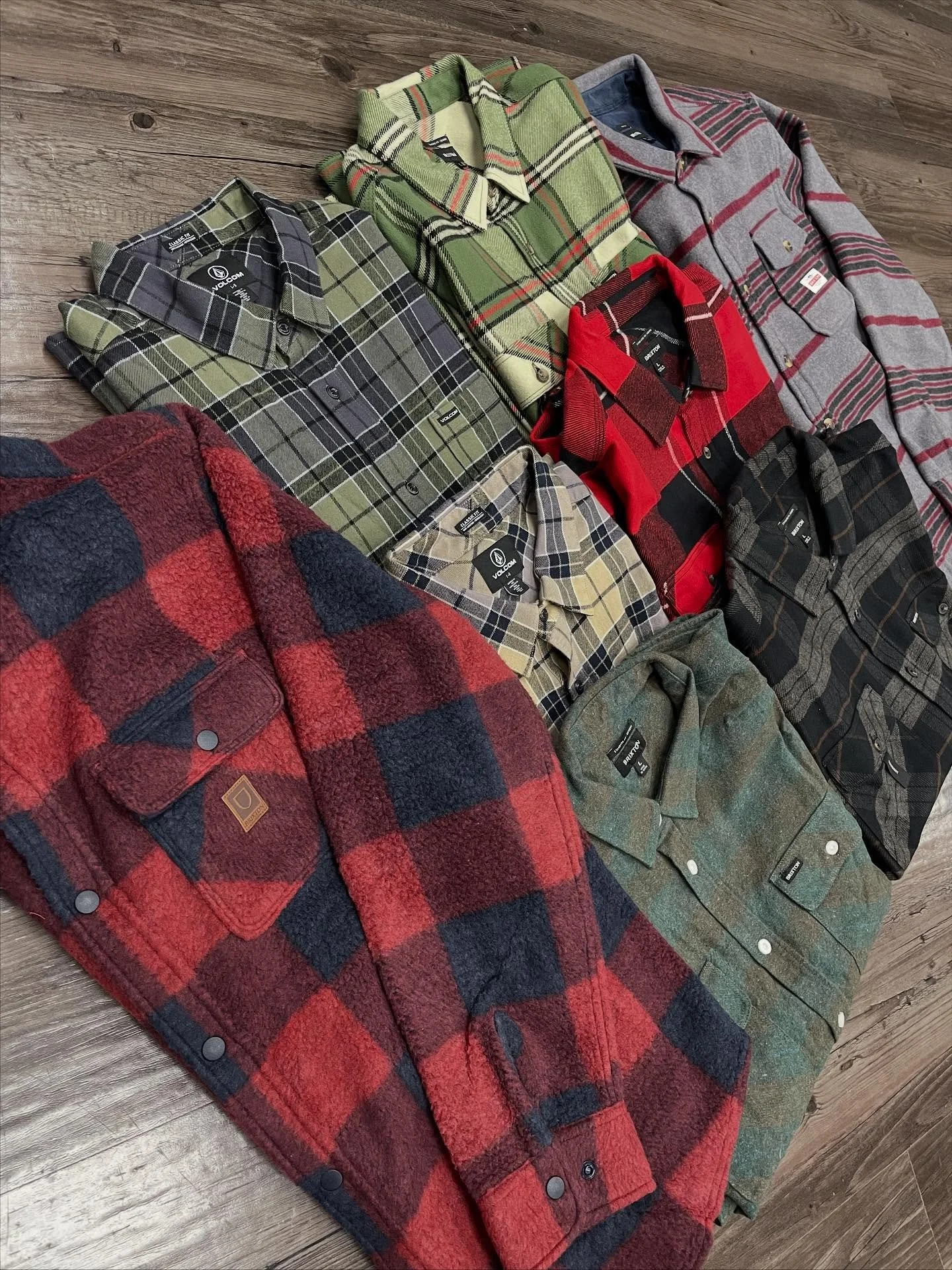 Love a good flannel on a cold day. 
Fully stocked with Flannels from Volcom, Dixxon &amp; Brixton.