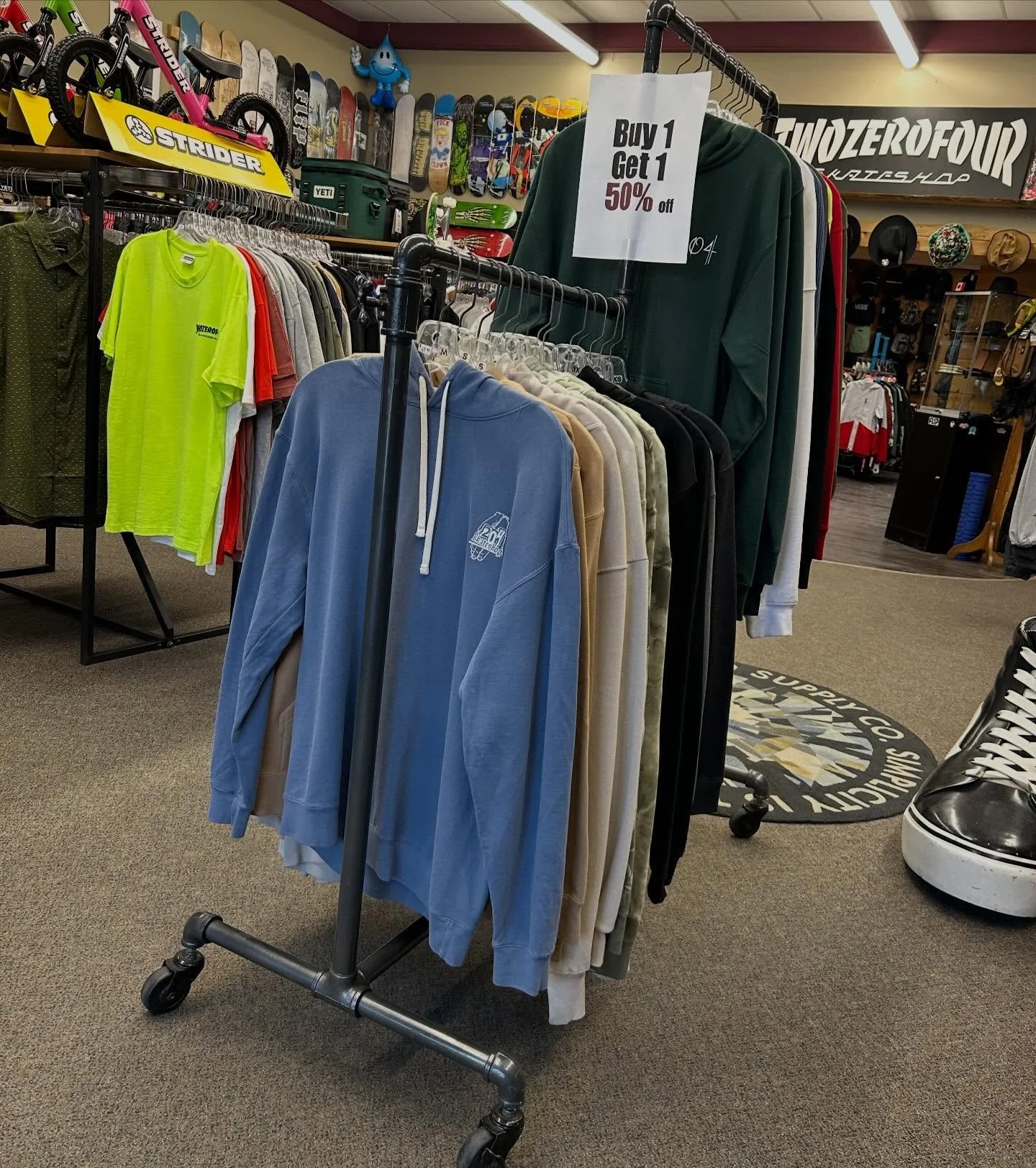 Everyone loves a good deal! We still have tons of shop hoodies on the Buy 1 get 1 50% off rack!