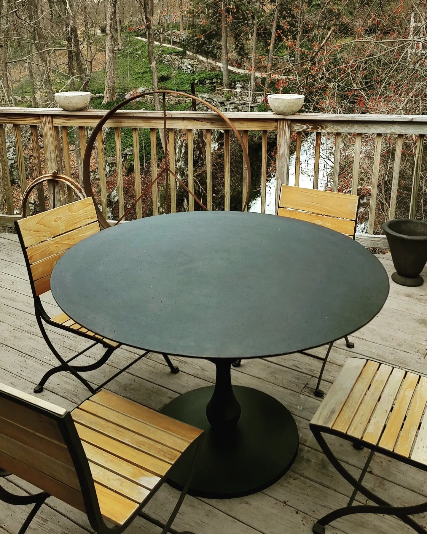 Our Waterfall Deck and Lower Stone Terrace are now filled with selections for outdoor living.  This new metal Bistro Table is so chic with a turned pedestal base and bronze finish.  Teak chairs are from Belgium and a best seller with a great price.  