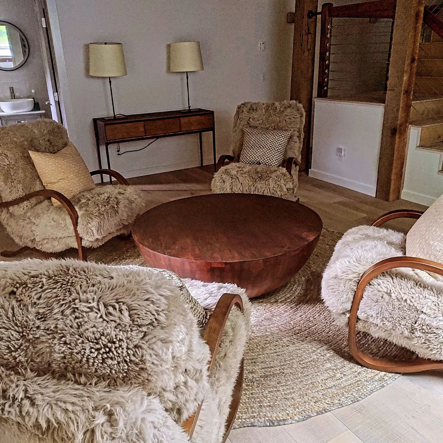 Four of these Mongolian wool chairs around a large artisan made coffee table really make a statement in a room!  Perfect for conversation, reading, game playing, these were recently installed for a favorite client and the room is still in progress de