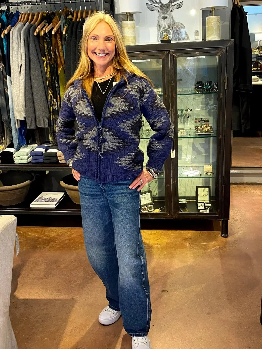 Lisa in an awesome alpaca zip hoodie.  These won't last long!  Artisan made in small batches, these sell out every fall!  #supporthandmadegoods #arttowear #lovethis #cozystyle #hoodieseason #newprestonct