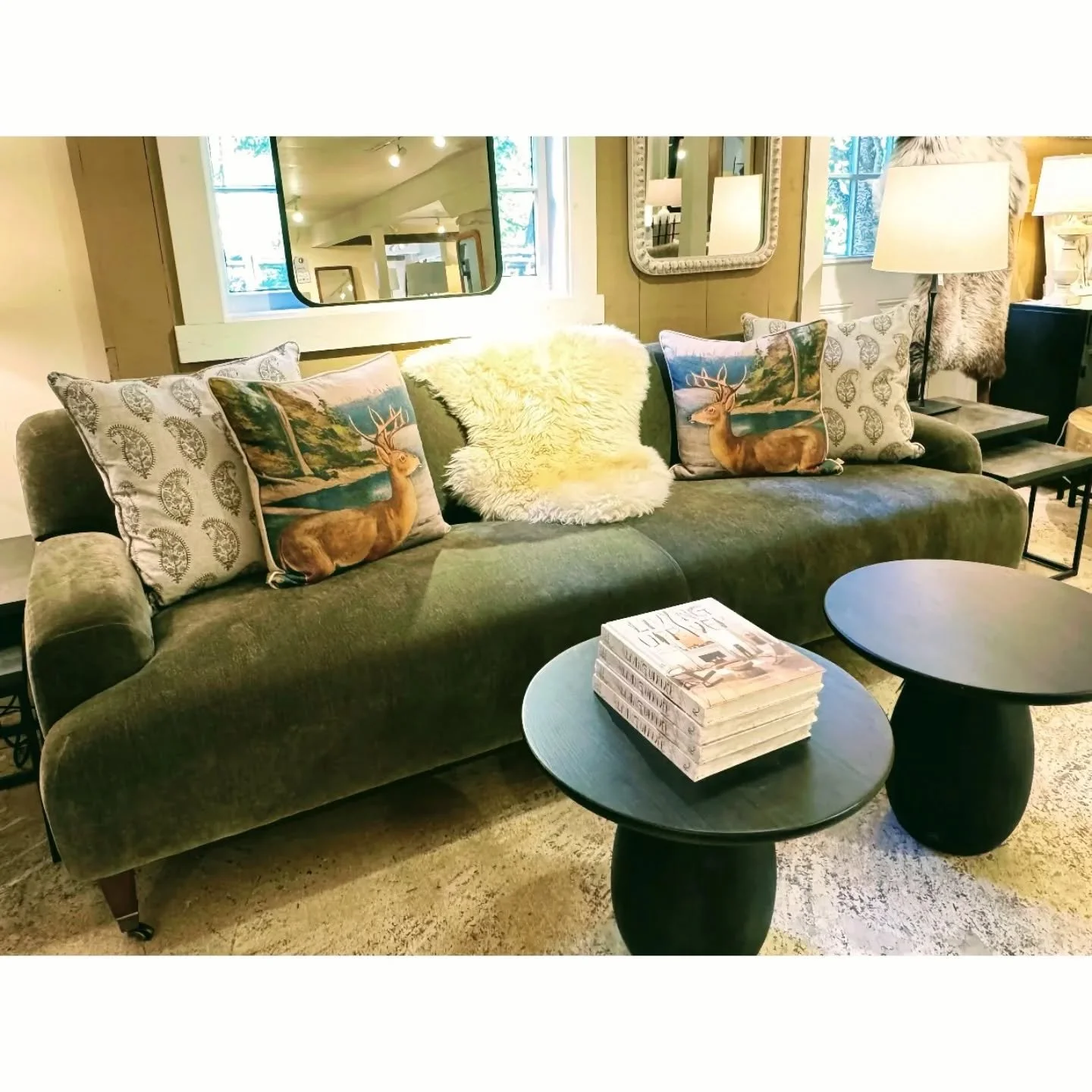 Chic and sleek green performance velvet 93&quot; sofa. Modern vibe with a mid century twist!  So comfortable.  #newpillowshipment #mirrors #smallsidetables #coffeetable #wallartwork #openeveryday #shoplocal #newprestonct