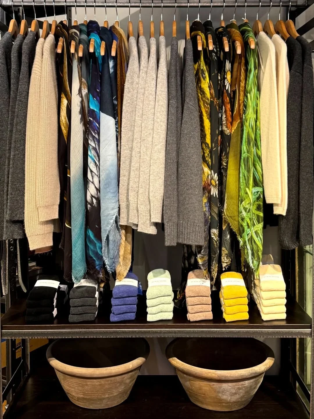 So many racks of new goodies!  @jumper_1_2_3_4 cashmere from England, @ottotredici_italy scarves from Italy, cushy socks in rainbow colors, big stone bowls, and a new furniture delivery!  #artisangoods #openeveryday #shoplocal #newprestonct